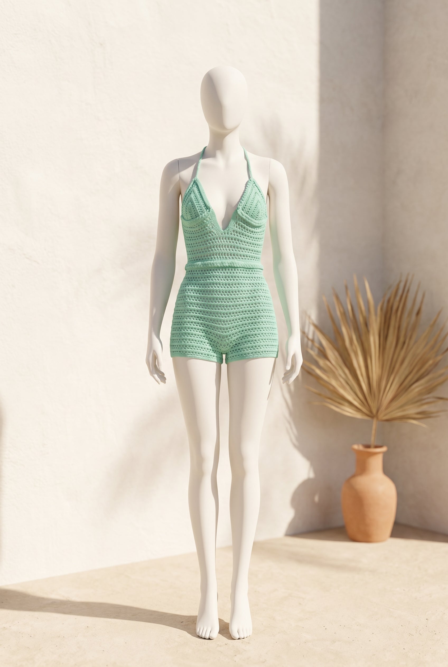 Mint green crochet short romper