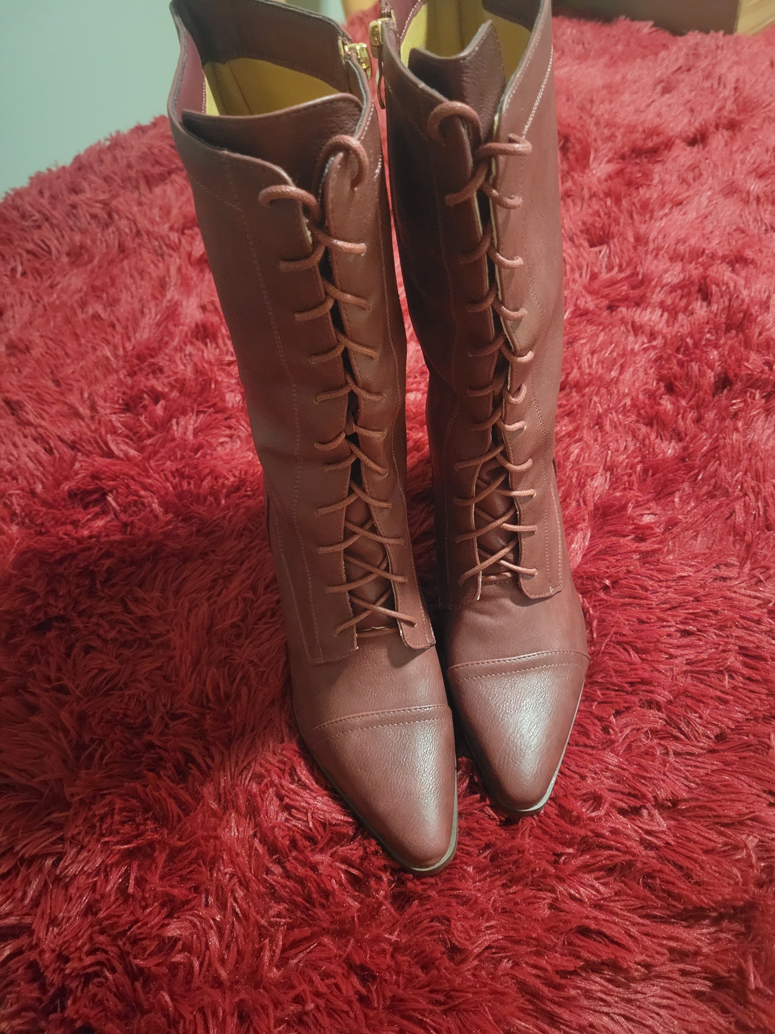 Burgundy tall boot with lace up, mid calf