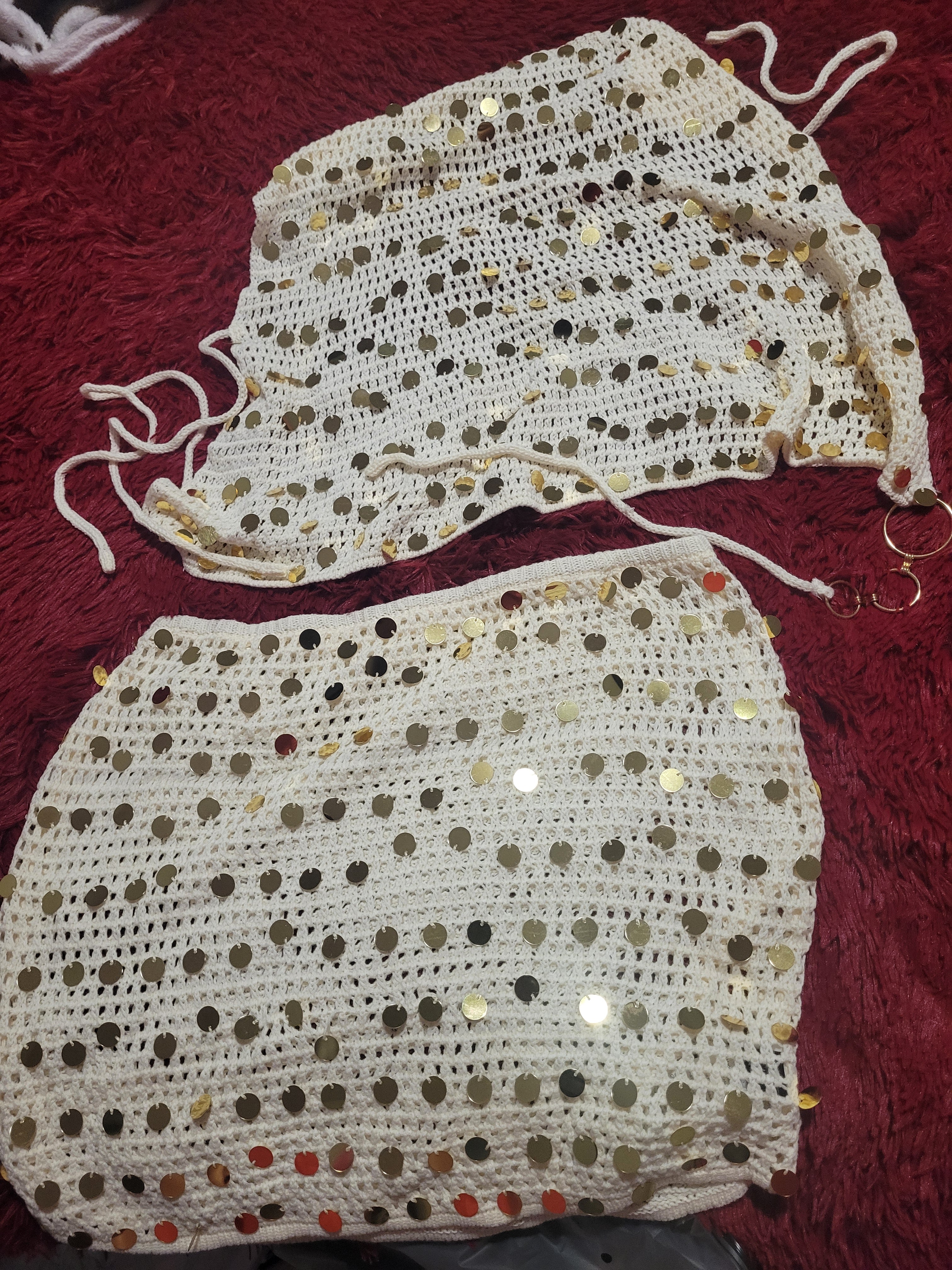 Mini cream skirt suit with gold design ,